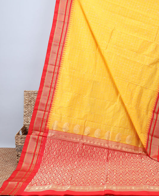 Yellow checked Bangalore silk saree with buttas, contrast vidarbha border of traditional zari designs & intricate pallu