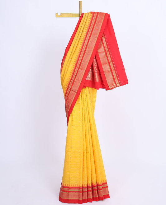 Yellow checked Bangalore silk saree with buttas, contrast vidarbha border of traditional zari designs & intricate pallu