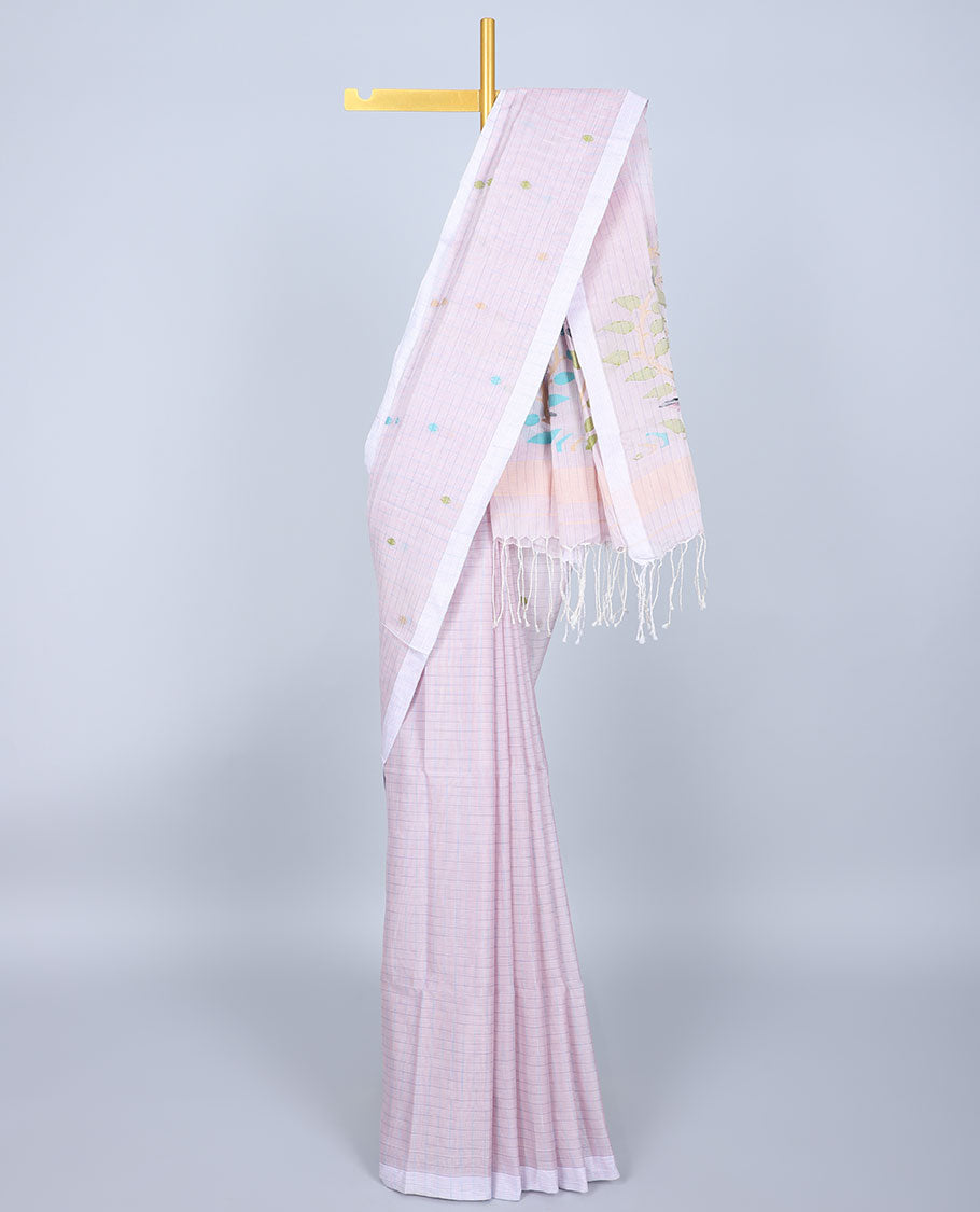 Pastel pink checked khadi cotton saree with buttas, plain border & pallu of colorful floral designs