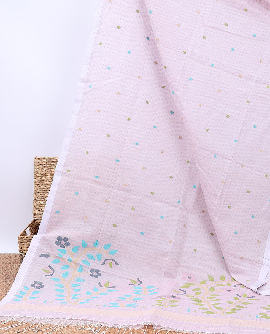 Pastel pink checked khadi cotton saree with buttas, plain border & pallu of colorful floral designs