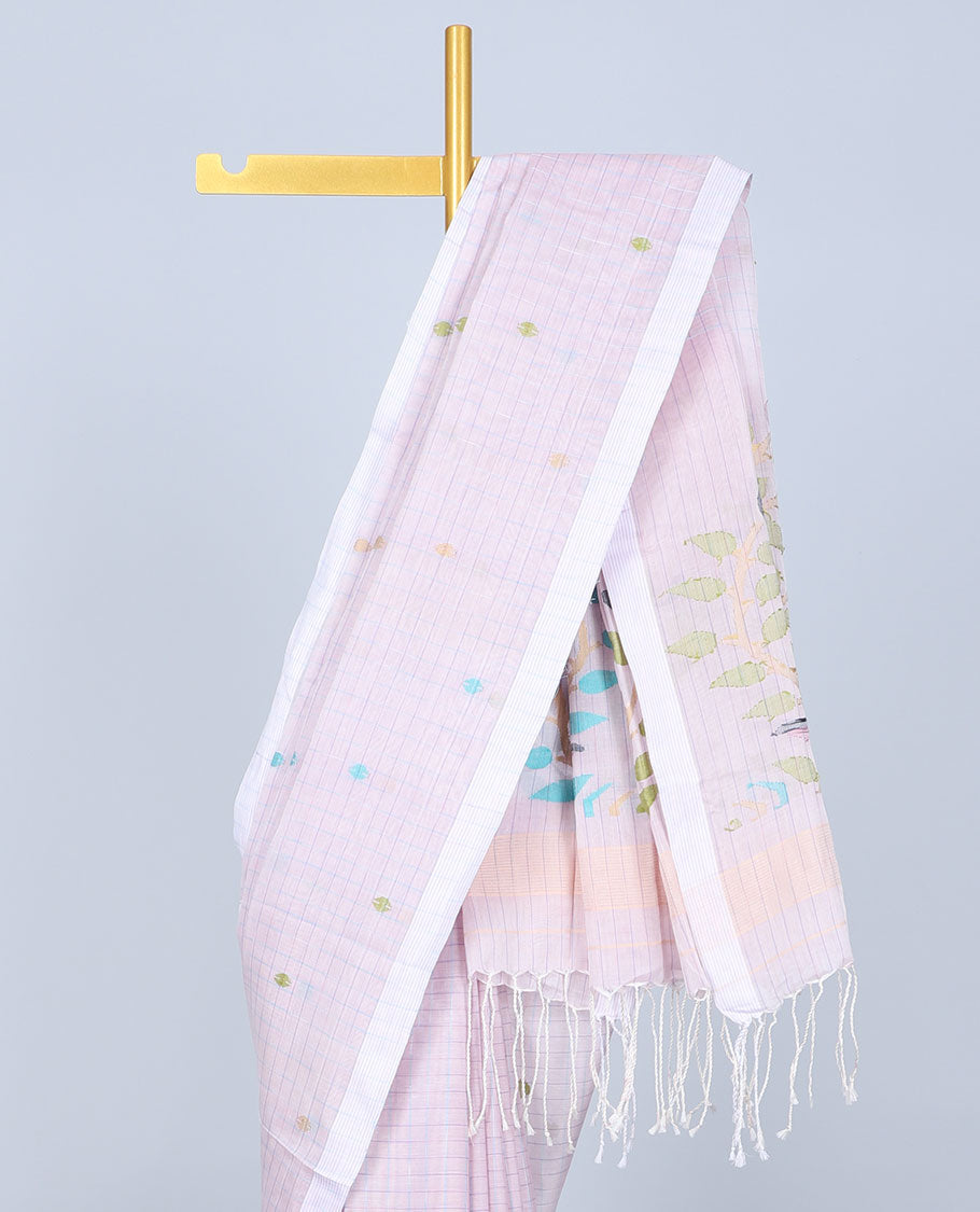 Pastel pink checked khadi cotton saree with buttas, plain border & pallu of colorful floral designs