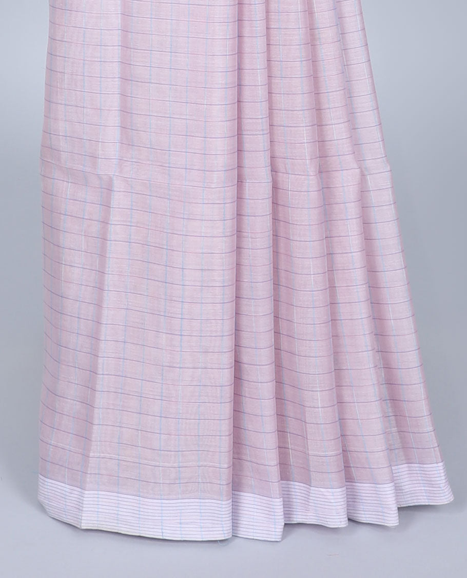 Pastel pink checked khadi cotton saree with buttas, plain border & pallu of colorful floral designs