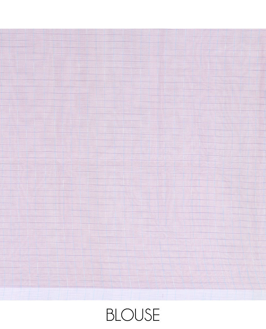 Pastel pink checked khadi cotton saree with buttas, plain border & pallu of colorful floral designs