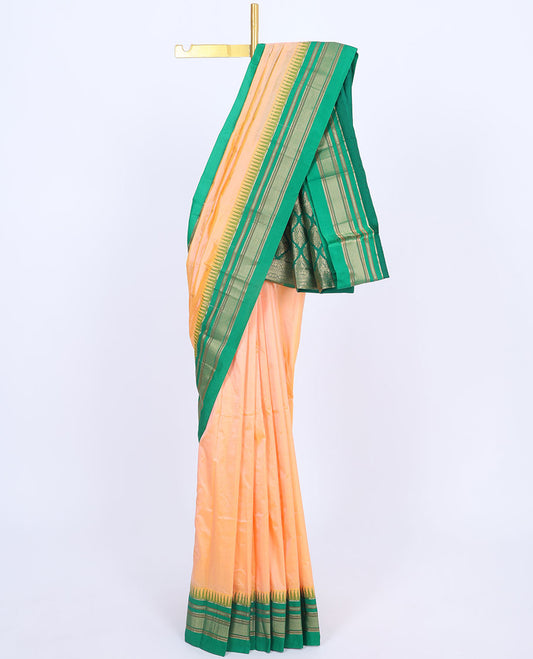 Orange Bangalore silk saree with buttas, contrast traditional zari design border & pallu of intricate zari designs