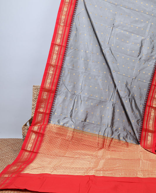 Grey Bangalore silk saree with buttas, contrast vidarbha border of traditional designs & pallu of intricate designs