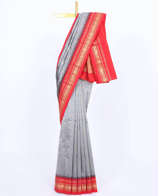 Grey Bangalore silk saree with buttas, contrast vidarbha border of traditional designs & pallu of intricate designs