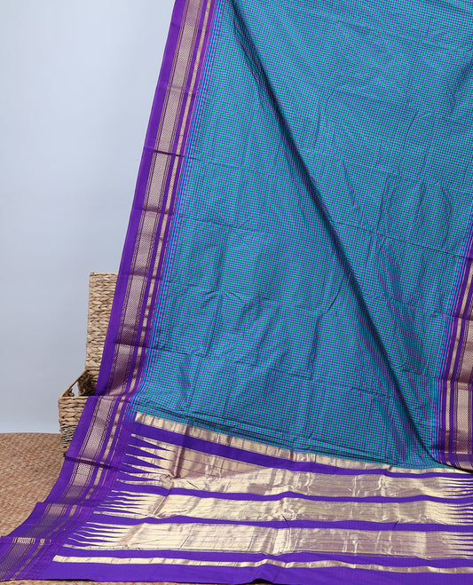 Blue micro-checked design Bangalore silk saree, contrast traditional design border & pallu of temple designs