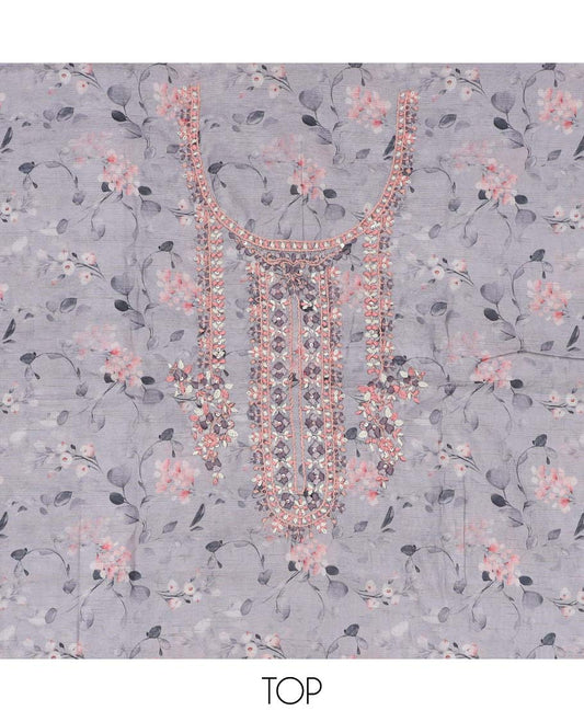 Grey material chudidhar set,floral print & embroidered chanderi top,plain bottom & intricately printed chanderi dupatta