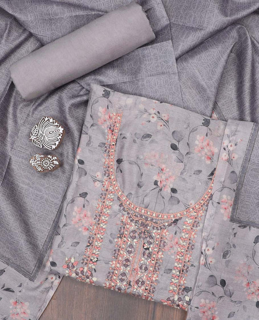 Grey material chudidhar set,floral print & embroidered chanderi top,plain bottom & intricately printed chanderi dupatta