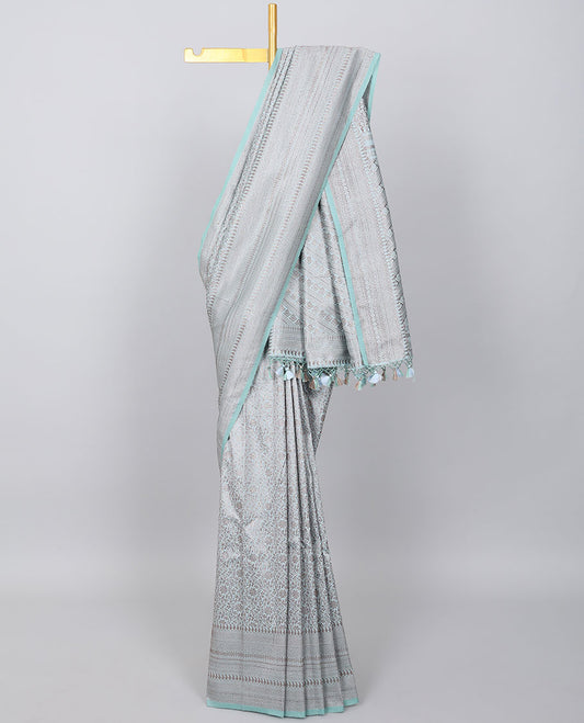 Pastel blue jacquard design semi banaras dupion saree, traditional design border & pallu of Greek key designs