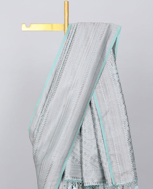 Pastel blue jacquard design semi banaras dupion saree, traditional design border & pallu of Greek key designs