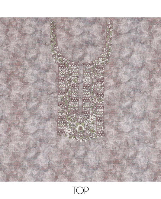 Grey material chudidhar set,floral print & embroidered chanderi top,plain bottom & chanderi dupatta of intricate print