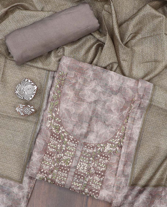 Grey material chudidhar set,floral print & embroidered chanderi top,plain bottom & chanderi dupatta of intricate print