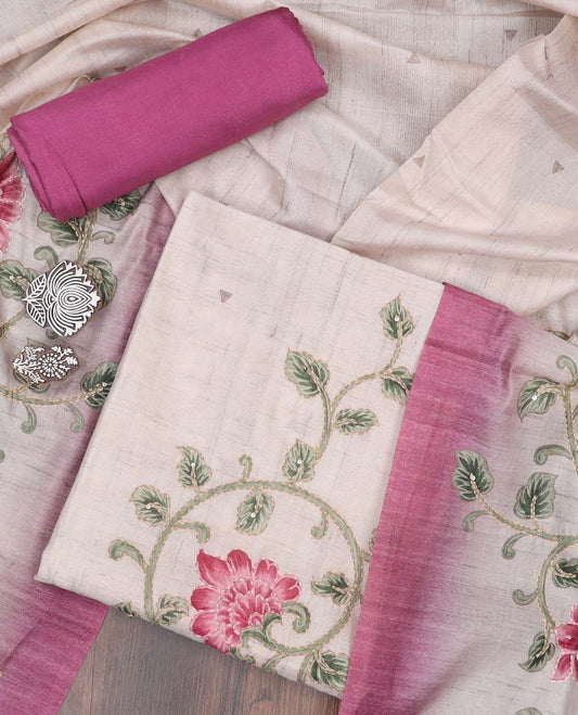 Cream material chudidhar set features floral print & thread embroidered chanderi top & dupatta with contrast bottom 