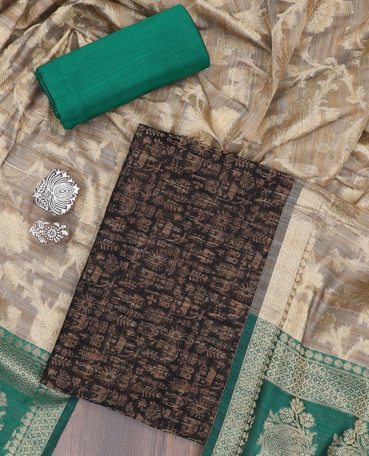 Black material chudidhar set, warli motifs steeped chanderi top, contrast plain bottom & floral jaal banaras dupatta