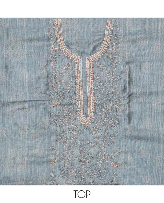 Green material chudidhar set, unique print & thread work chanderi top, plain bottom & chanderi dupatta of ajrakh print