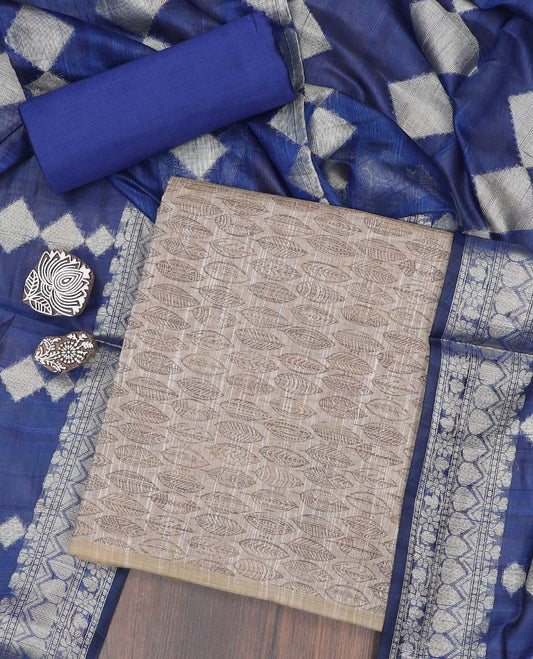 Beige material chudidhar set, leaf motifs chanderi top, contrast plain bottom & chanderi dupatta of intricate designs