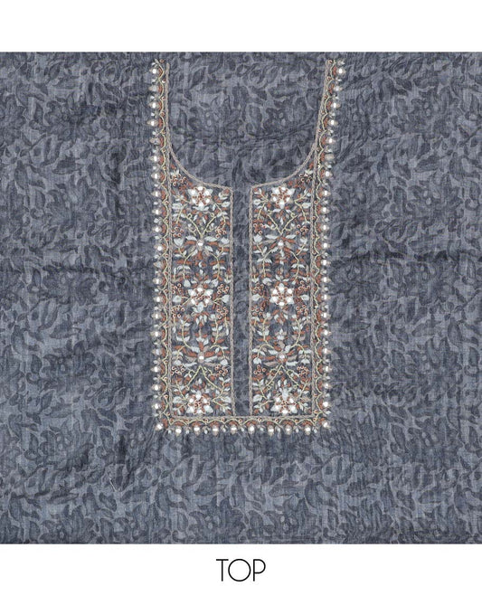 Grey material chudidhar set, floral print & neck embroidered chanderi top, plain bottom & geometric printed dupatta