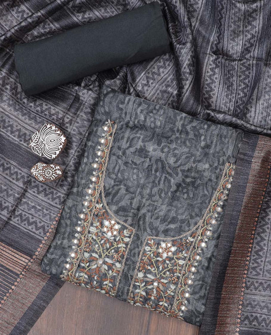 Grey material chudidhar set, floral print & neck embroidered chanderi top, plain bottom & geometric printed dupatta
