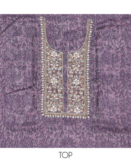 Purple material chudidhar set, floral print & neck embroidered chanderi top, plain bottom & geometric printed dupatta