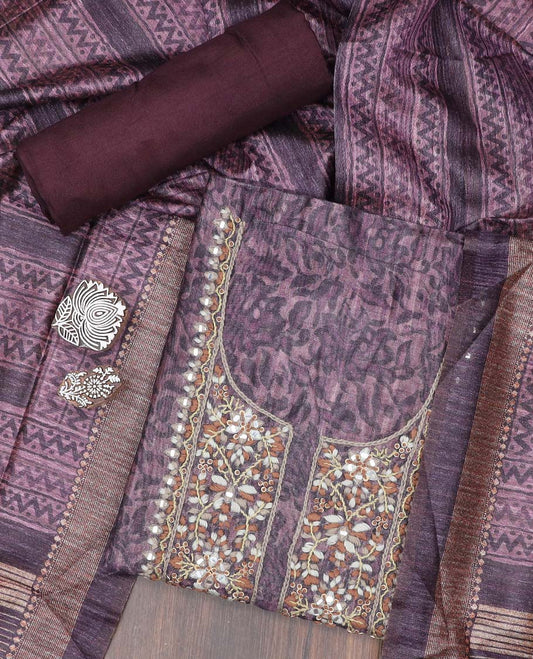 Purple material chudidhar set, floral print & neck embroidered chanderi top, plain bottom & geometric printed dupatta