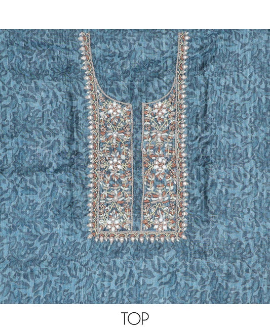 Blue material chudidhar set, floral print & neck embroidered chanderi top, plain bottom & geometric printed dupatta
