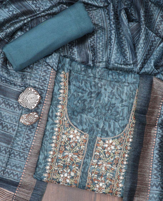 Blue material chudidhar set, floral print & neck embroidered chanderi top, plain bottom & geometric printed dupatta