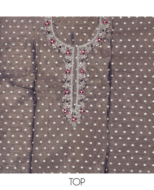 Blue material chudidhar set, butta & neck embroidery top, contrast plain bottom & banaras dupatta 