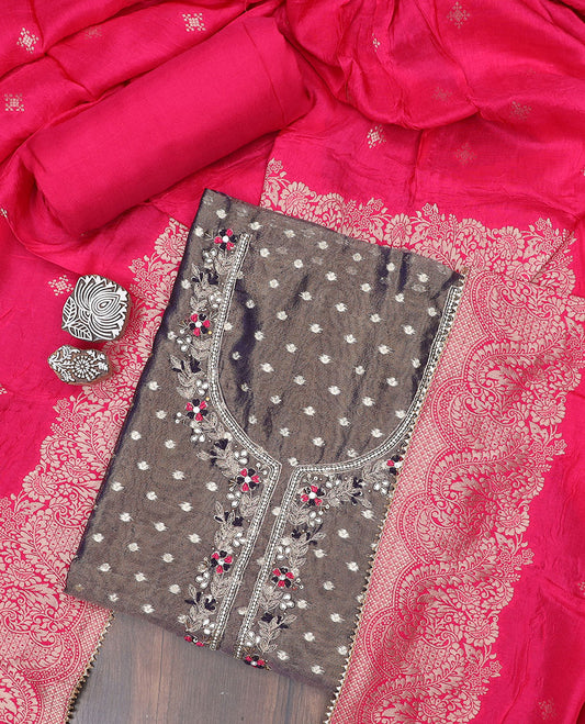 Blue material chudidhar set, butta & neck embroidery top, contrast plain bottom & banaras dupatta 