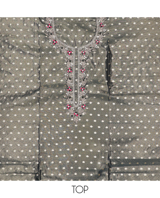 Grey material chudidhar set, butta & neck embroidery top, contrast plain bottom & banaras dupatta 