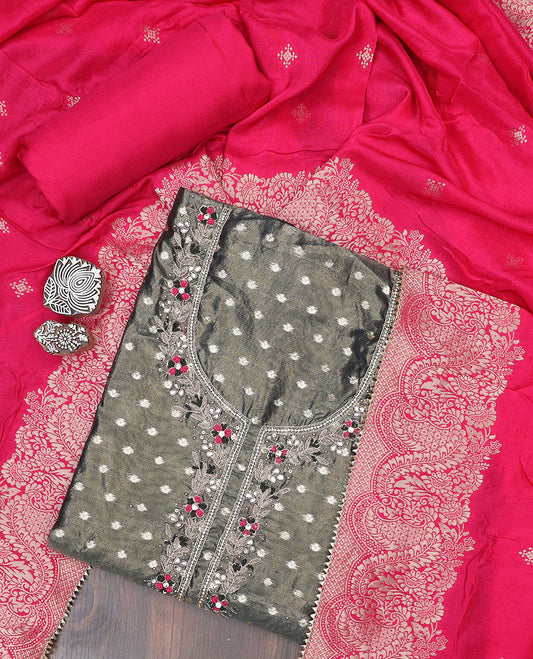 Grey material chudidhar set, butta & neck embroidery top, contrast plain bottom & banaras dupatta 