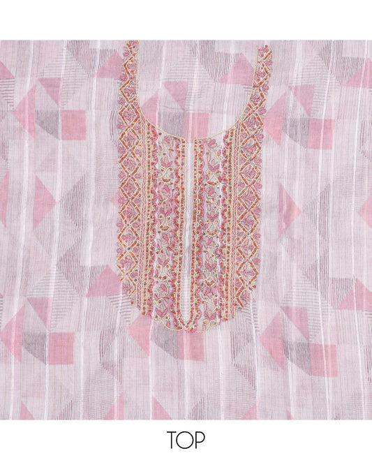 Pink material chudidhar set, geometric print & embroidery chanderi top, solid bottom & floral & geometric print dupatta