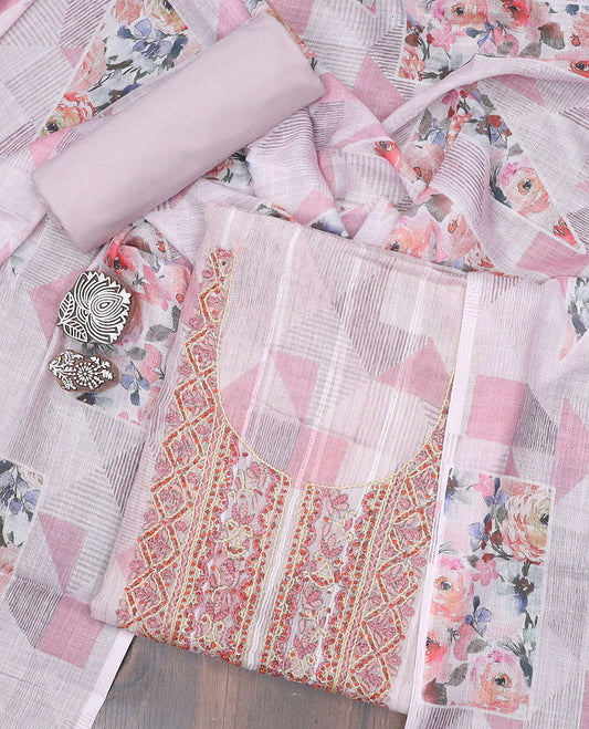 Pink material chudidhar set, geometric print & embroidery chanderi top, solid bottom & floral & geometric print dupatta
