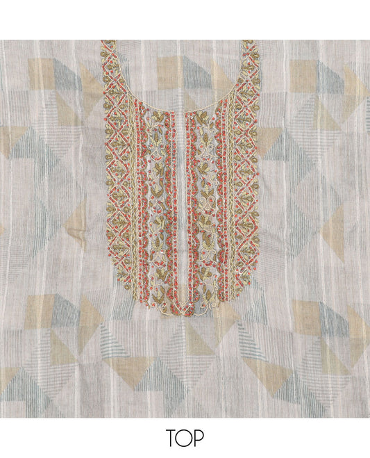 Grey material chudidhar set, geometric print & embroidery chanderi top, solid bottom & floral & geometric print dupatta