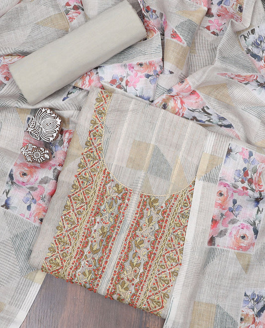 Grey material chudidhar set, geometric print & embroidery chanderi top, solid bottom & floral & geometric print dupatta