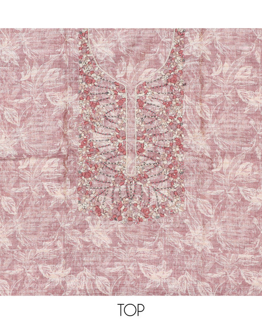 Pink material chudidhar set, floral print & embroidery chanderi top, solid bottom & geometric printed dupatta