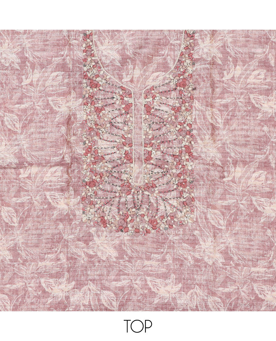 Pink material chudidhar set, floral print & embroidery chanderi top, solid bottom & geometric printed dupatta