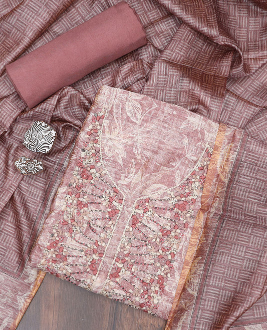 Pink material chudidhar set, floral print & embroidery chanderi top, solid bottom & geometric printed dupatta