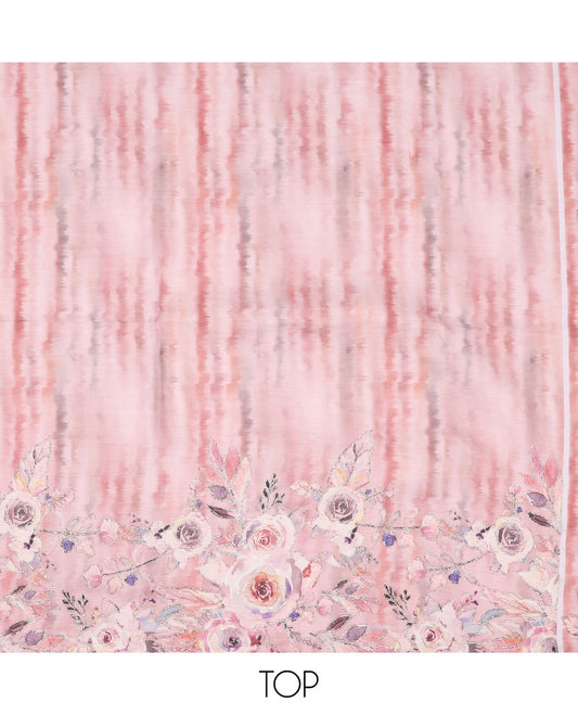 Peach material chudidhar set, abstract floral print Russian silk top, solid bottom & abstract floral printed dupatta