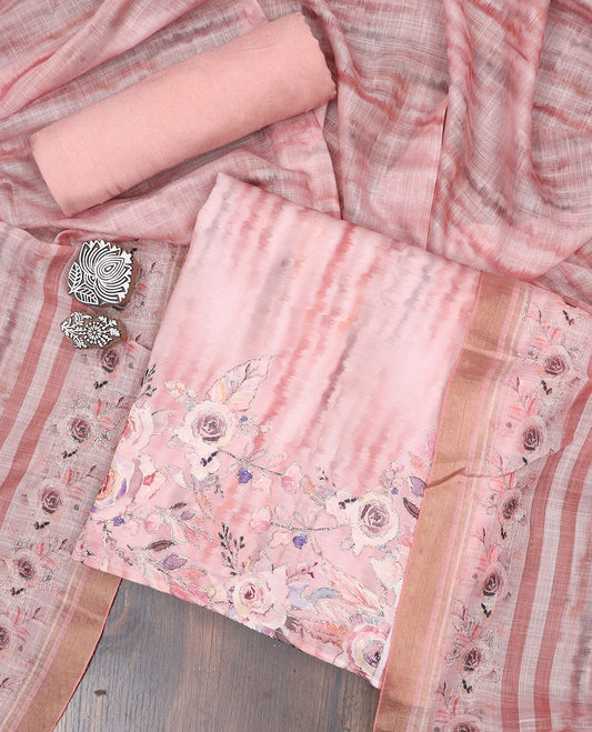 Peach material chudidhar set, abstract floral print Russian silk top, solid bottom & abstract floral printed dupatta