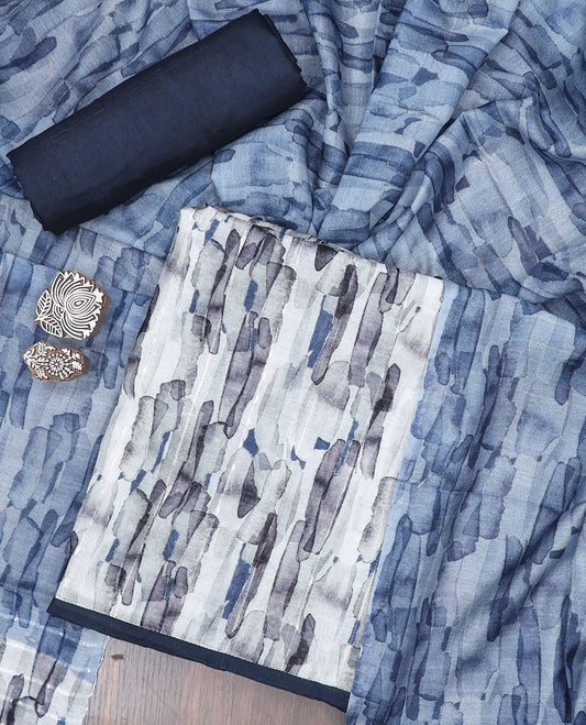 Blue material chudidhar set, abstract printed linen top, solid santoon bottom & abstract printed linen dupatta