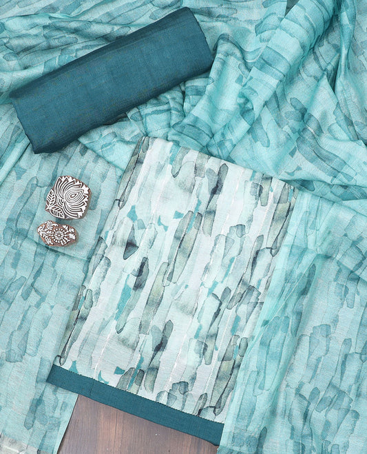 Blue material chudidhar set, abstract printed linen top, solid santoon bottom & abstract printed linen dupatta