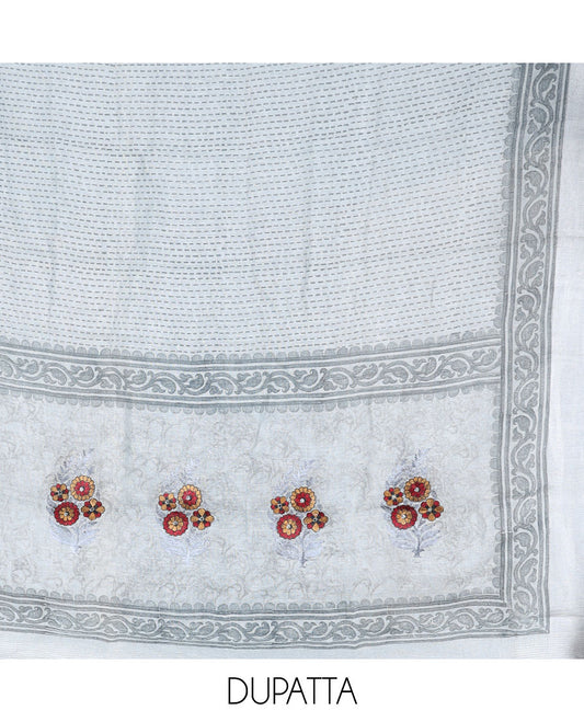 Grey material chudidhar set, floral printed linen cotton top, plain bottom & floral printed dupatta