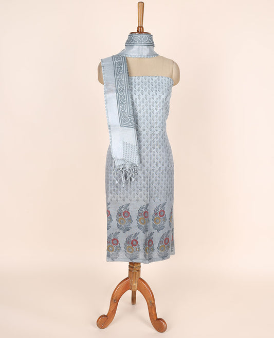 Grey material chudidhar set, floral printed linen cotton top, plain bottom & floral printed dupatta