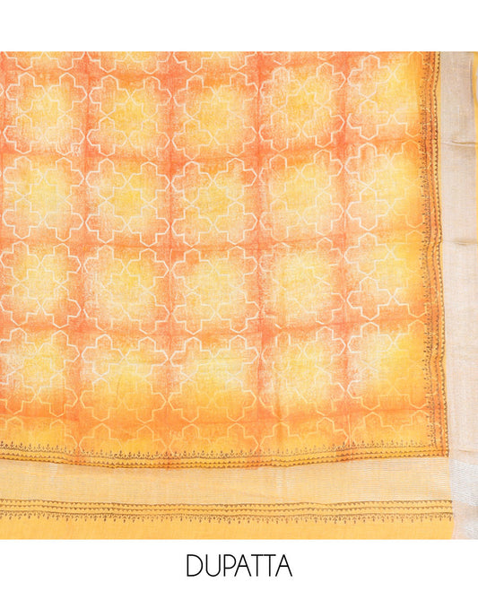 Cream material chudidhar set, floral motifs linen cotton top, plain bottom & abstract geometric printed dupatta