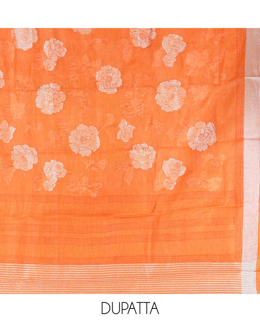 Orange material chudidhar set, floral embroidered linen cotton top, contrast plain bottom & floral design dupatta