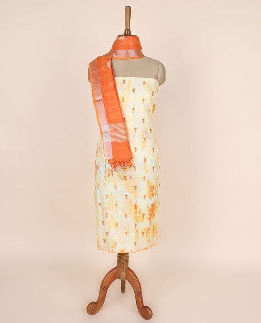 Orange material chudidhar set, floral embroidered linen cotton top, contrast plain bottom & floral design dupatta