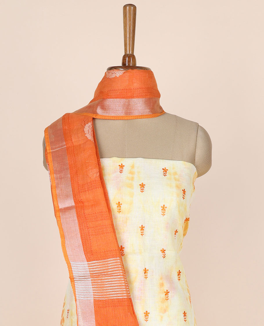 Orange material chudidhar set, floral embroidered linen cotton top, contrast plain bottom & floral design dupatta