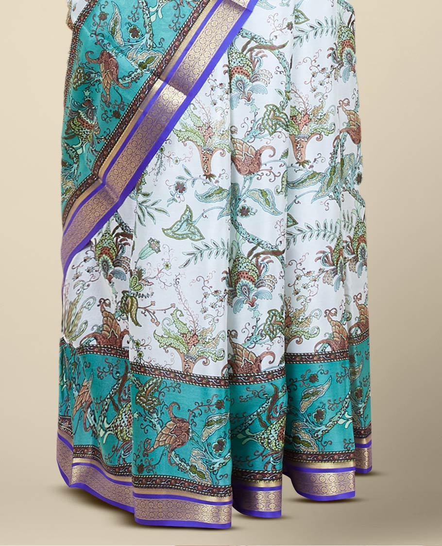 Pink floral vine printed mysore silksaree, contrast traditional zari border & pallu of zari stripes