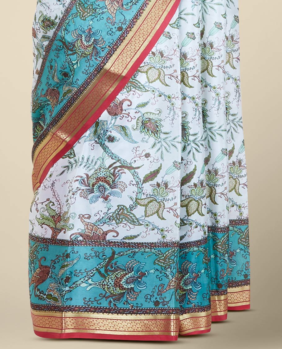 Cream floral vine printed mysore silksaree, contrast traditional zari border & pallu of zari stripes